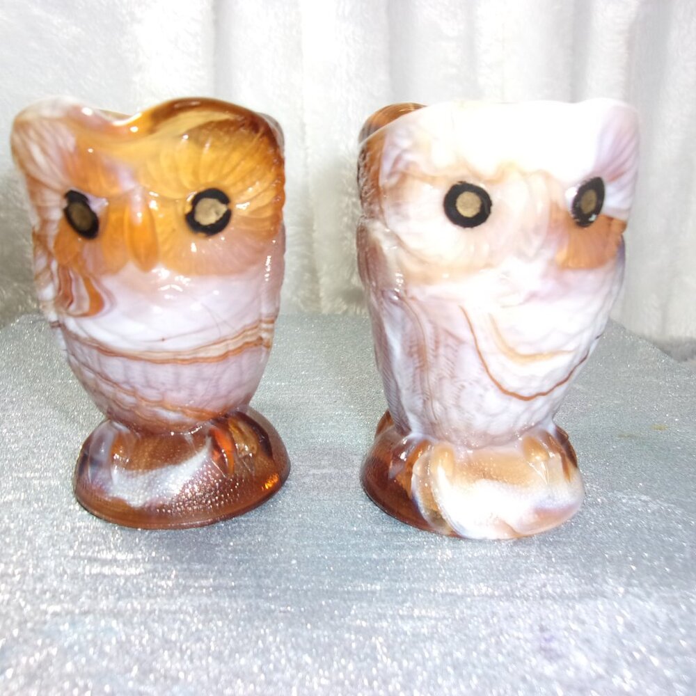 H-290 VINTAGE IMPERIAL CARMEL SLAG GLASS OWL SUGAR AND CREAMER SET